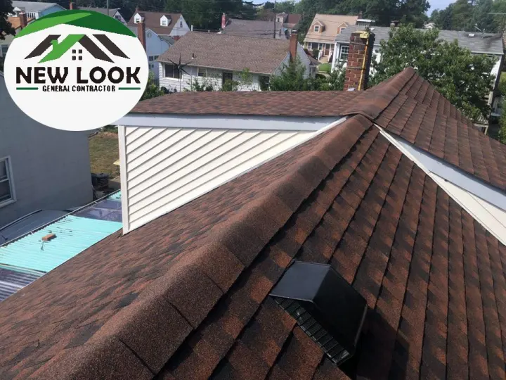 Dark shingle roof on a house with vinyl siding